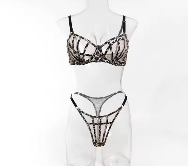 Women Sexy Leopard Cut Out Mesh Thong Lingerie Set