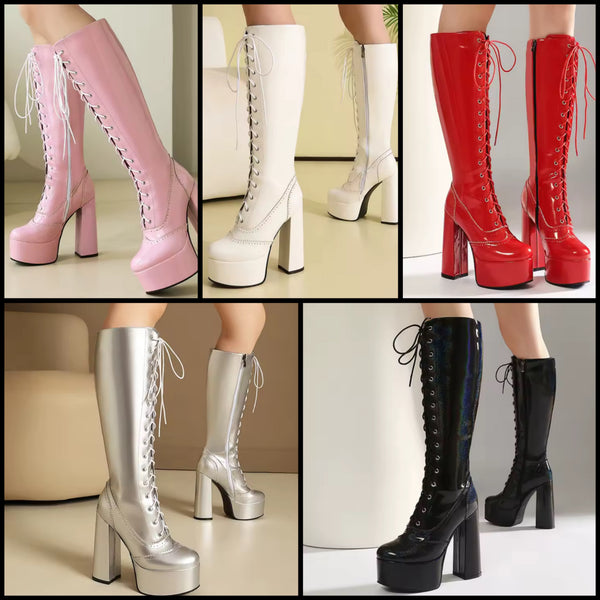 Women Fashion Lace Up Platform High Heel Knee Length Boots