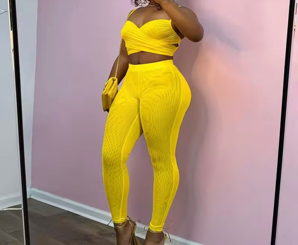 Women Yellow Sleeveless Sexy Mesh Two Piece Pant Set