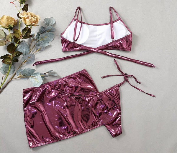 Women Sexy Pink Metallic Sleeveless Three Piece Skirt Set