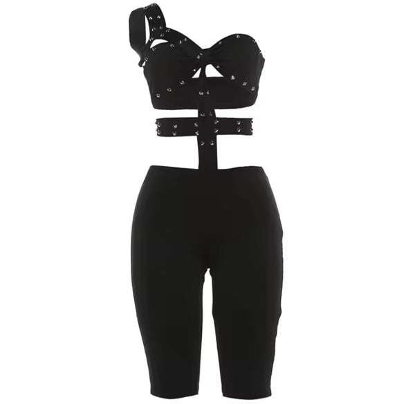 Women Sexy Fashion Rivet One Shoulder Sleeveless Romper