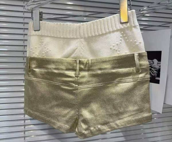 Women Fashion Gold Metallic Knitted Patchwork PU Button Up Shorts