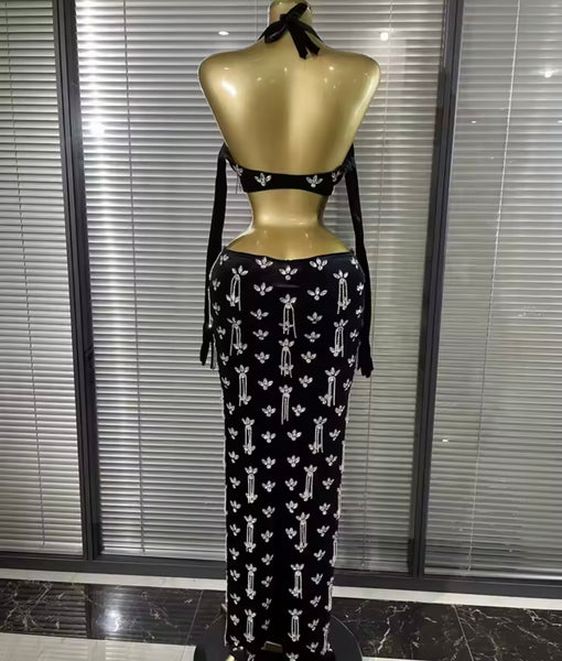 Women Sexy Black Halter Rhinestone Tassel Maxi Dress