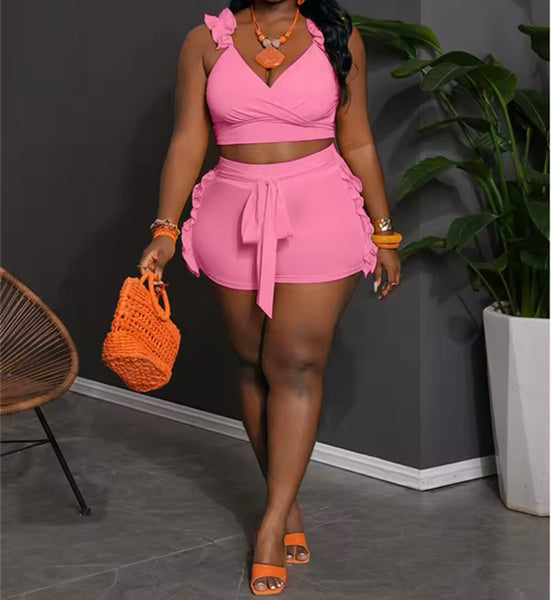 Women Solid Color Sleeveless Ruffled Two Piece Short Set