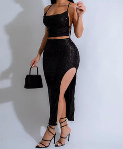 Women Sexy Sleeveless Sequins Open Back Two Piece Maxi Skirt Set