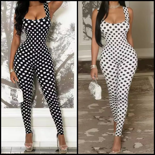 Women Sleeveless Open Back B&W Polka Dot Jumpsuit