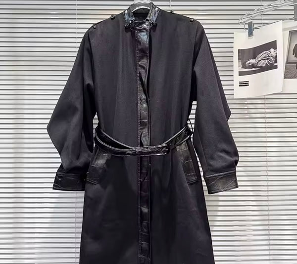 Women Black Button Up PU Patchwork Long Trench Jacket