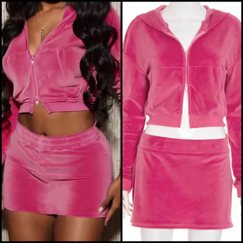 Women Pink Hooded Zip Up Full Sleeve Velour Two Piece Skirt Set
