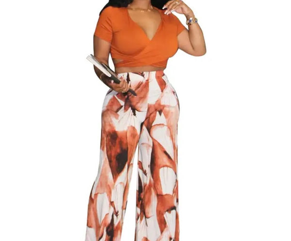 Women Short Sleeve Crop Two Piece Printed Fashion Pant Set