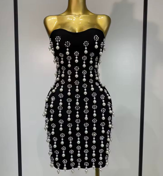 Women Black Sexy Strapless Pearl Rhinestone Dress