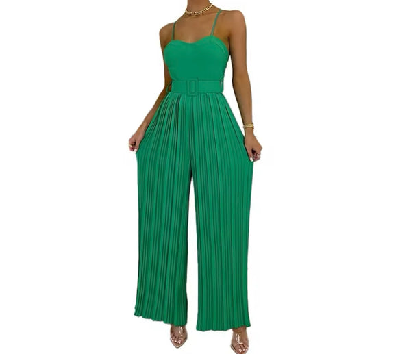 Women Sleeveless Solid Color Fashion Pleated Jumpsuit