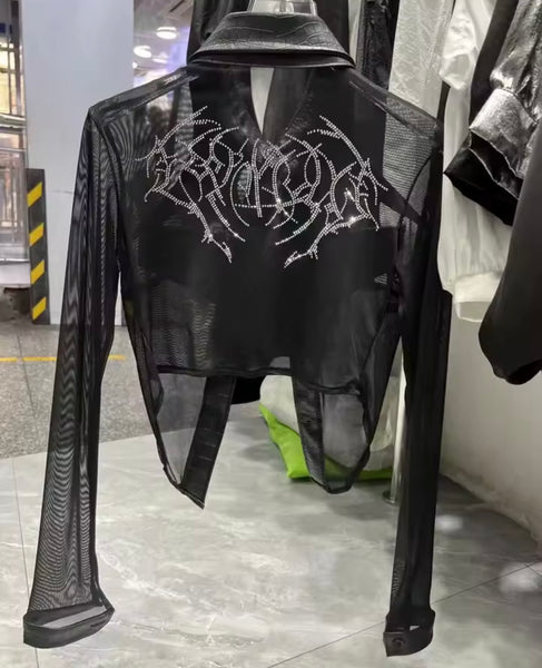 Women Black Bling PU Patchwork Mesh Full Sleeve Top