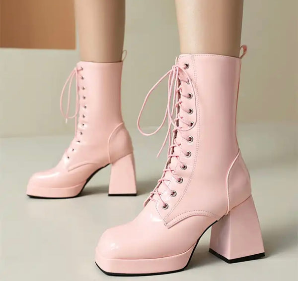 Women Fashion Lace Up Patent Leather Ankle Boots
