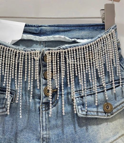 Women Fashion Pocket Rhinestone Tassel Denim Shorts