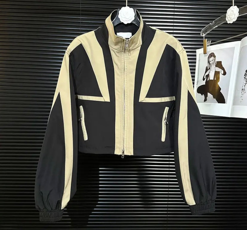 Women Fashion Color Patchwork Zip Up Jacket