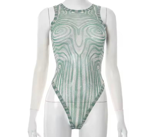 Women Sexy Sleeveless Printed Mesh Bodysuit Two Piece Pant Set