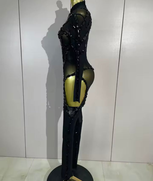 Women Mesh Crystal Full Sleeve Sexy Bodysuit Jumpsuit