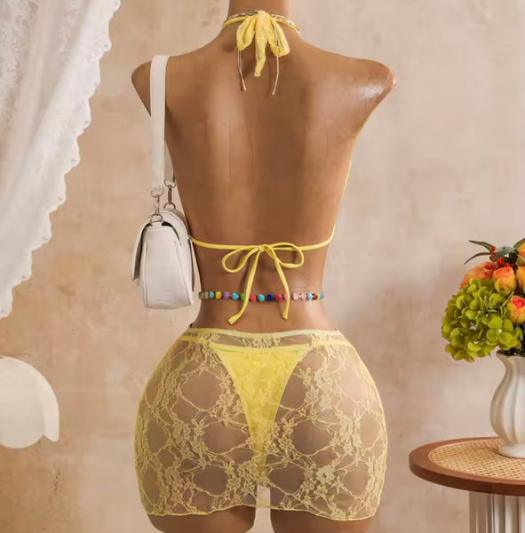 Women Sexy Tie Up Halter Lace Bikini Cover Up Set