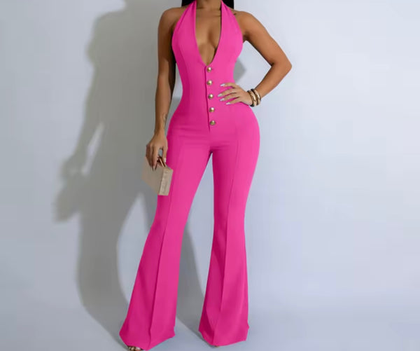 Women Sexy Fashion Button Halter Sleeveless Jumpsuit