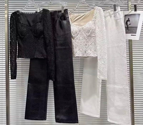 Women Fashion Lace Full Sleeve Two Piece Faux Leather Pant Set