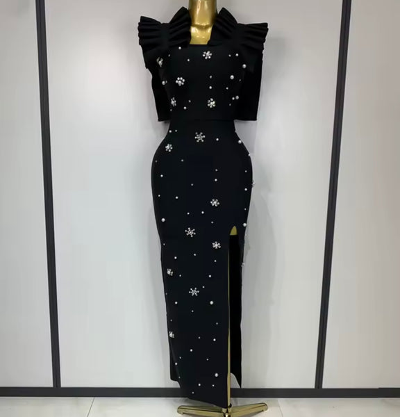 Women Sexy Black Rhinestone Pearl Sleeveless Maxi Dress