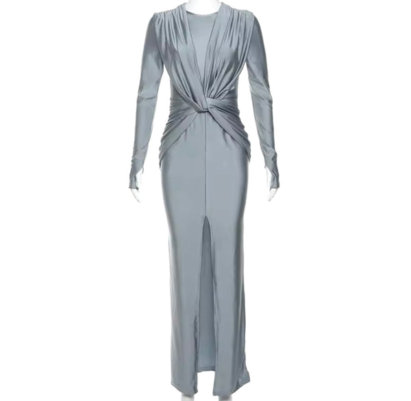 Women Sexy Solid Color Ruched Full Sleeve Maxi Dress