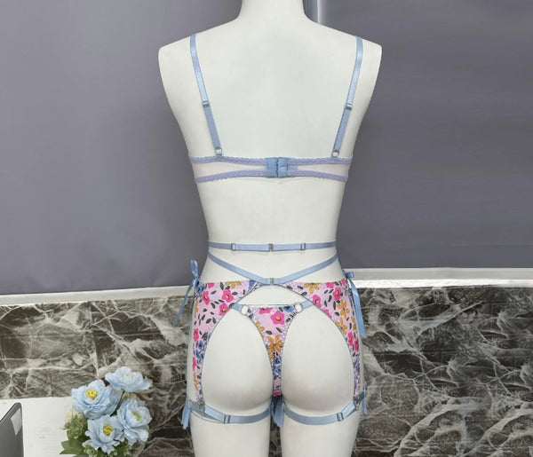 Women Sexy Blue Floral Cut Out Lingerie Set