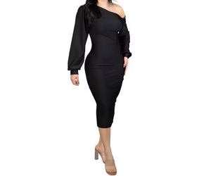 Women Sexy Skew Collar Full Sleeve Solid Color Dress
