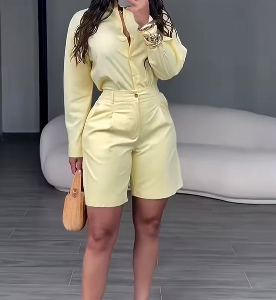 Women Color Fashion Button Up Two Piece Short Set