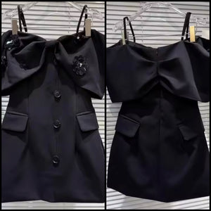 Women Black Bow Off The Shoulder Button Up Pocket Dress