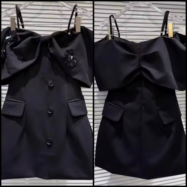 Women Black Bow Off The Shoulder Button Up Pocket Dress