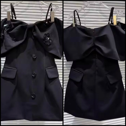 Women Black Bow Off The Shoulder Button Up Pocket Dress
