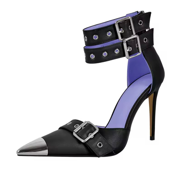Women Fashion Metal Pointed Toe Buckled Ankle Strap High Heels