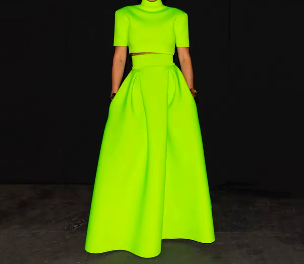 Women Sexy Green Short Sleeve Two Piece Maxi Skirt Set