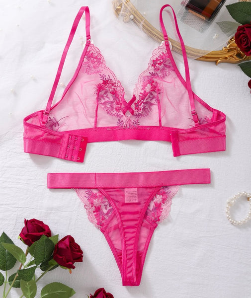 Women Pink Floral Print Mesh Sexy Lingerie Set