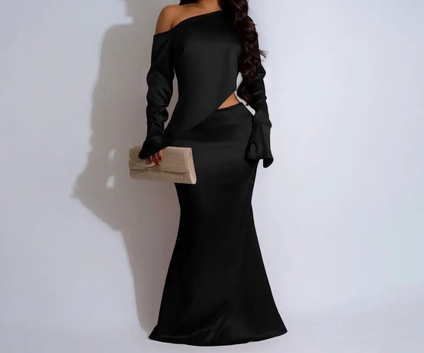 Women Sexy Satin Full Sleeve Solid Color Two Piece Maxi Skirt Set