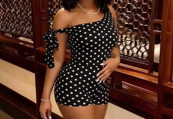 Women Sexy One Shoulder Sleeveless Polka Dot Romper