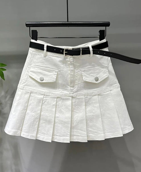 Women Pocket Pleated Fashion Denim Skirt