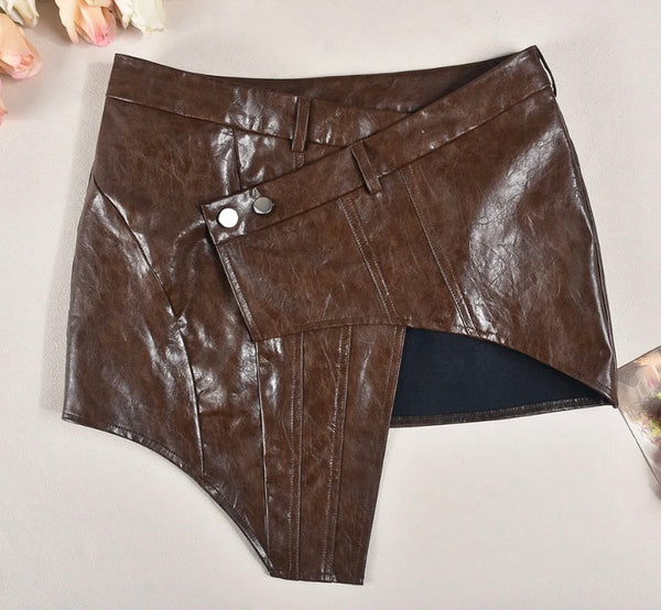 Women Sexy Fashion Brown Faux Leather Button Short Skirt