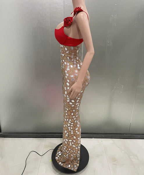 Women Sexy Sleeveless Red Mirror Rhinestone Maxi Dress