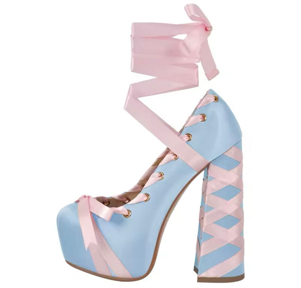 Women Color Lace Up Platform Fashion High Heels