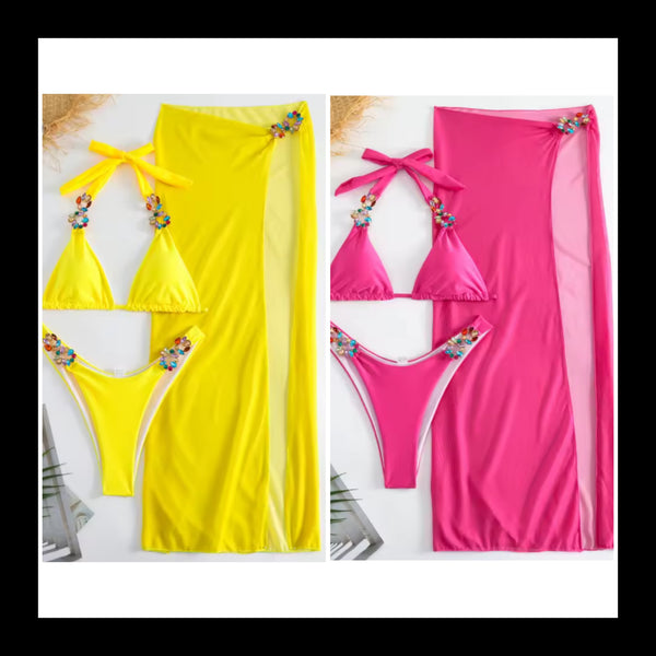 Sexy Colorful Crystal Halter Bikini Cover Up Set