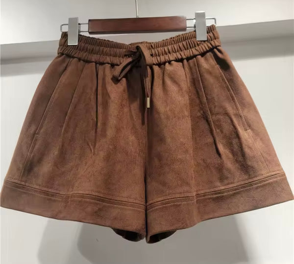 Women Brown Suede Zip Up Jacket Two Piece Short Set