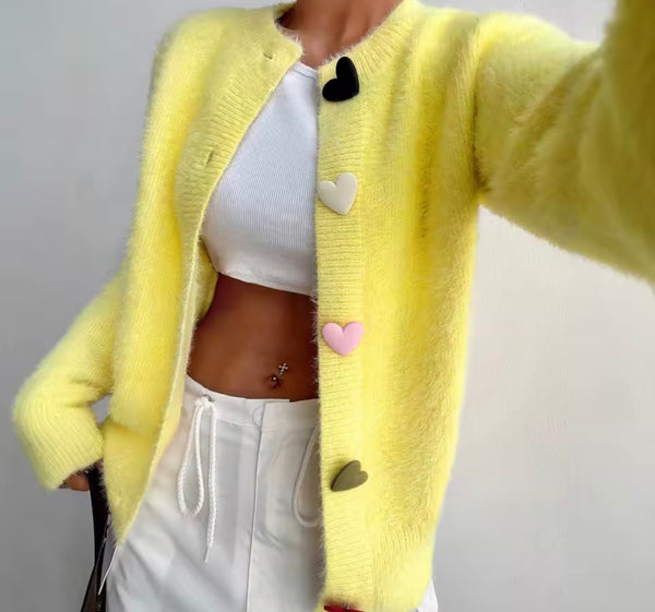 Women Yellow Fashion Heart Button Up Sweater Top