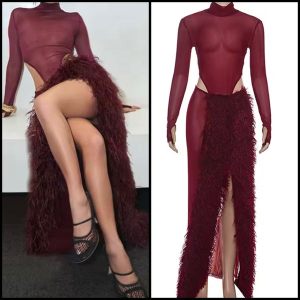 Women Sexy Burgundy Faux Fur Mesh Bodysuit Two Piece Skirt Set