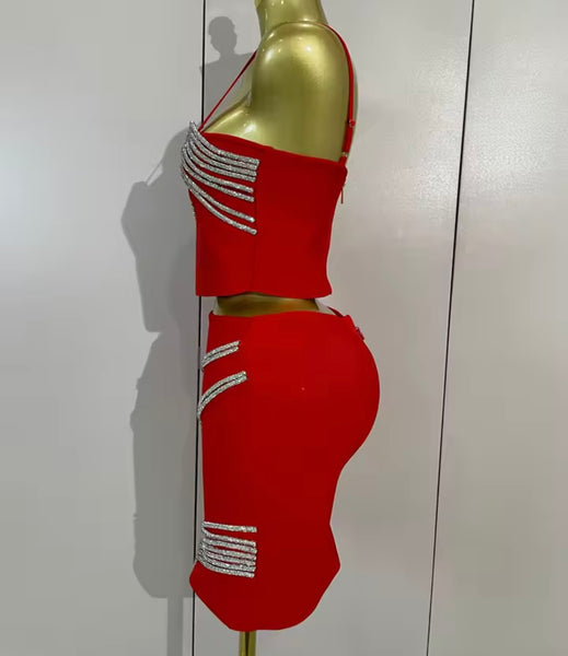 Women Sleeveless Rhinestone Patchwork Two Piece Skirt Set