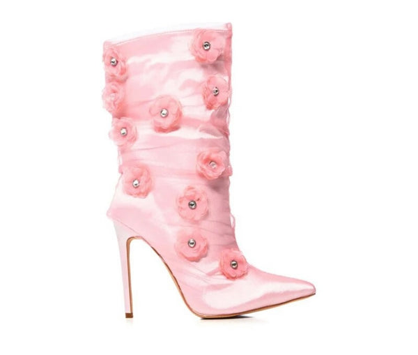 Women Fashion Pink Floral Rivet High Heel Ankle Boots