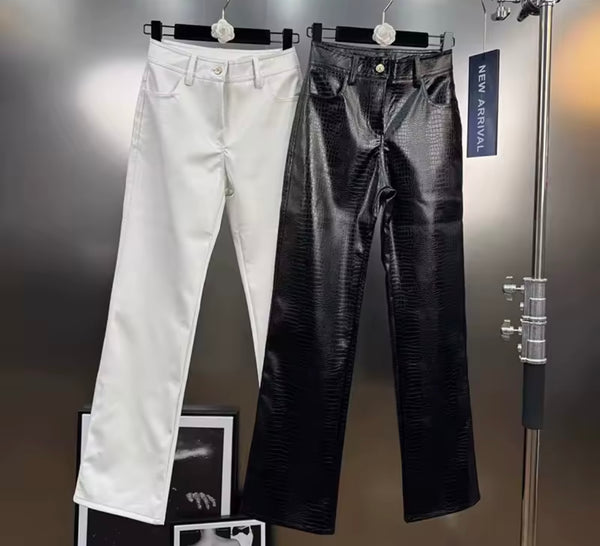 Women Fashion Faux Leather Solid Color Pants