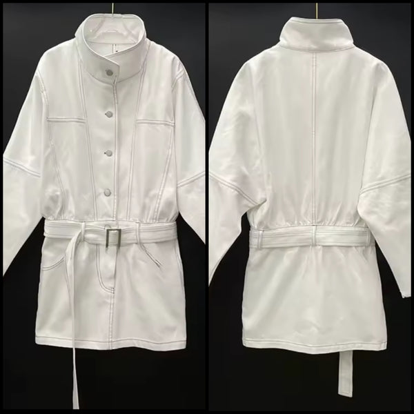 Women White Fashion Button Up Belted Denim Trench Jacket
