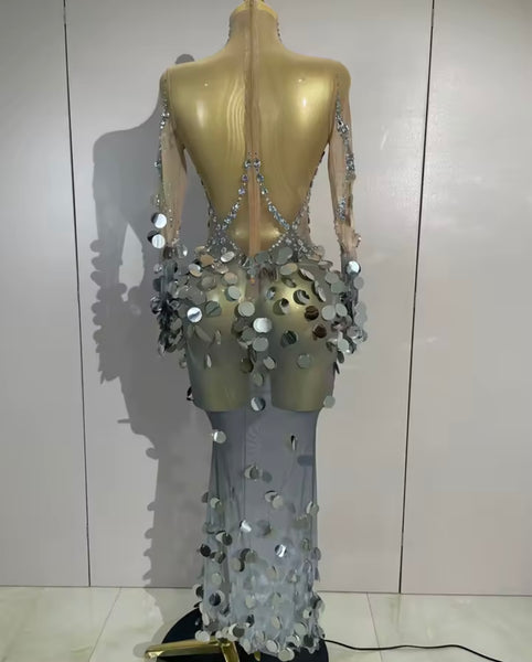 Women Silver Sequins Rhinestone Full Sleeve Mesh Maxi Dress